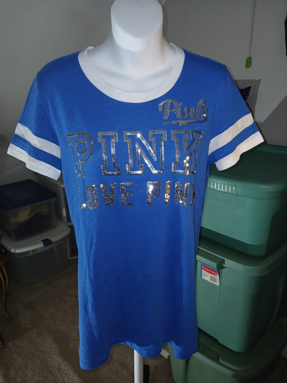 PINK Victoria's Secret Royal Blue Short Sleeve Ringer Tee Size M Bling Sequins